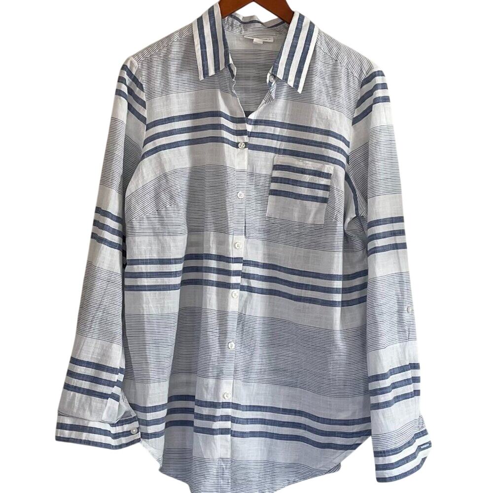 Westport Blue, Stripe Cotton Button Down Shirt Roll Tab Sleeves, Coastal, 1X